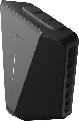 Een slanke, zwarte Easee Charge Up Slimme EV Thuislader 22kW Type 2 - Zwart met geventileerde zijkanten, drie knoppen bovenop en minimalistische details aan de voorkant, die doen denken aan een toekomstbestendig laadstation.