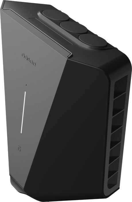 Een slanke, zwarte Easee Charge Up Slimme EV Thuislader 22kW Type 2 - Zwart met geventileerde zijkanten, drie knoppen bovenop en minimalistische details aan de voorkant, die doen denken aan een toekomstbestendig laadstation.