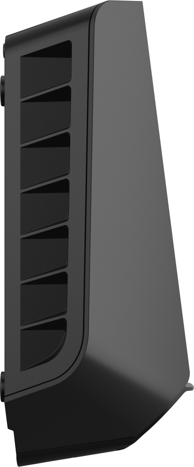Een close-up van een zwart, hoekig apparaat met vent-achtige groeven aan de zijkant, geïdentificeerd als de Easee Charge Up Slimme EV Thuislader 22kW Type 2 - Zwart, ontworpen voor geavanceerd en toekomstbestendig thuis opladen van EV's.