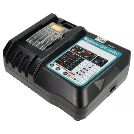 Een zwarte Makita / Dolmar Universele Acculader 14,4V-18V LXT (Li-ion) (DC18RC/DC18SD) met indicatielampjes, statuspictogrammen en een transparante accusleuf, afgebeeld op een witte achtergrond.