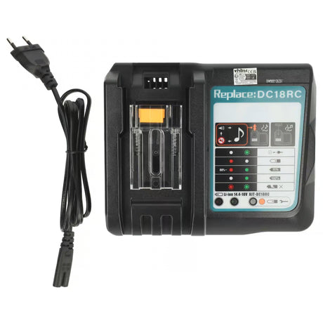 Een zwarte Makita / Dolmar Universele Acculader 14,4V-18V LXT (Li-ion) (DC18RC/DC18SD), met netsnoer, indicatielampjes en instructiepaneel - geschikt als Li-ion oplader voor Makita of Dolmar gereedschap.