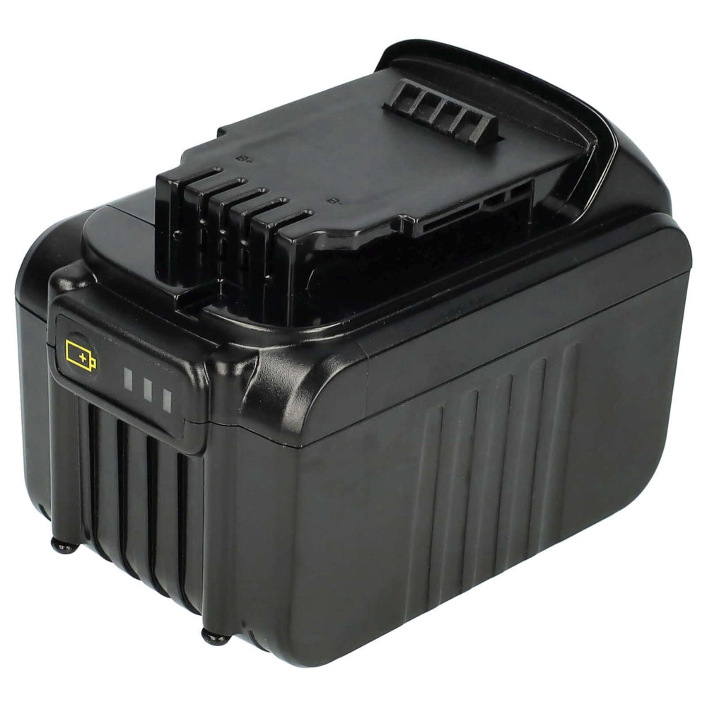 Een zwarte, rechthoekige DeWalt 14,4V XR Li-ion Accu Vervanging accu met geribbelde zijkanten, LED-indicator en connectorsleuven; compatibel met DCB140/141/142 (XJ), voor DCD735 en DCF835 gereedschappen, hoge capaciteit.