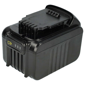 Een zwarte, rechthoekige DeWalt 14,4V XR Li-ion Accu Vervanging accu met geribbelde zijkanten, LED-indicator en connectorsleuven; compatibel met DCB140/141/142 (XJ), voor DCD735 en DCF835 gereedschappen, hoge capaciteit.