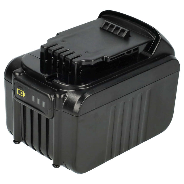 Een zwarte, rechthoekige DeWalt 14,4V XR Li-ion Accu Vervanging accu met geribbelde zijkanten, LED-indicator en connectorsleuven; compatibel met DCB140/141/142 (XJ), voor DCD735 en DCF835 gereedschappen, hoge capaciteit.