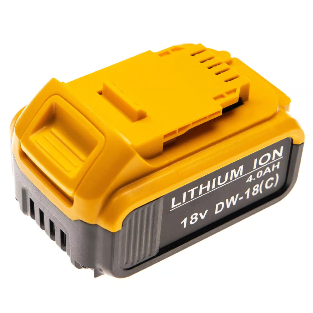 Een geel met zwarte oplaadbare 18V Li-Ion accu met het label LITHIUM ION 4.0AH, compatibel als DeWalt DCB182 vervanger en vervangt DCB180, DCB181, DCB200, DCB201, DCB201-2, N123282, N123283 voor elektrisch gereedschap.