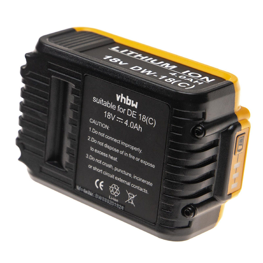 Een zwart/gele 18V Li-Ion accu, compatibel met DE 18(C) gereedschappen, vervangt DeWalt DCB180, DCB181, DCB182, DCB200, DCB201(-2), N123282/N123283; voorzien van waarschuwingen en technische specificaties op de zijkant.