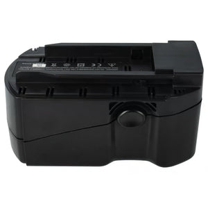 Een zwarte Hilti 24V Ni-MH accu, ter vervanging van B24/2.6, B24/3.3, B24/4.0, B24/5.2, SFB240 (2058261, 2058262), heeft een rechthoekige vorm met een gebogen zijkant plus sleuf en knop; compatibel met de TE 2-A; afgebeeld op een witte achtergrond.