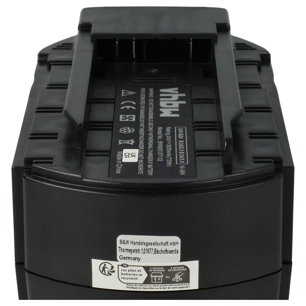 Een close-up van een zwarte oplaadbare Hilti 24V Ni-MH accu-vervangt B24/2.6, B24/3.3, B24/4.0, B24/5.2, SFB240, 2058261, 2058262-met gedrukte labels en veiligheidspictogrammen zichtbaar op het oppervlak.