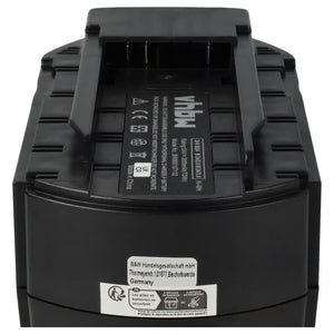 Een close-up van een zwarte oplaadbare Hilti 24V Ni-MH accu-vervangt B24/2.6, B24/3.3, B24/4.0, B24/5.2, SFB240, 2058261, 2058262-met gedrukte labels en veiligheidspictogrammen zichtbaar op het oppervlak.