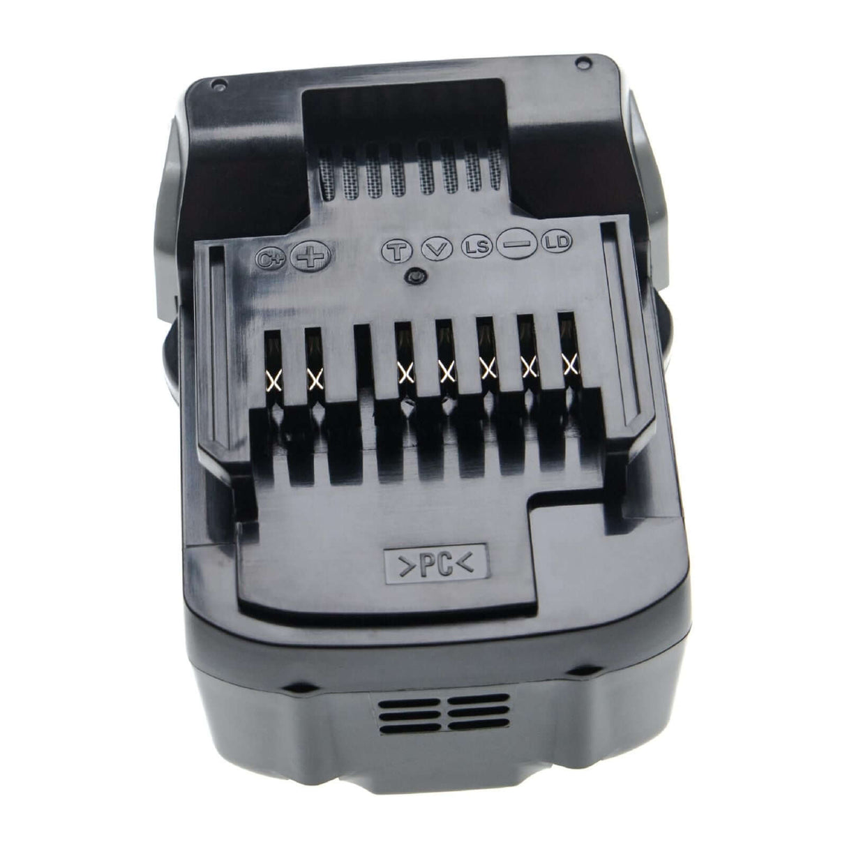 Een close-up van de Hitachi 14,4V Li-Ion Accu Vervanging (compatibel met BSL1415/1430/1450/1460 & Hikoki gereedschap), met metalen contacten, labels en ventilatieopeningen tegen een witte achtergrond.