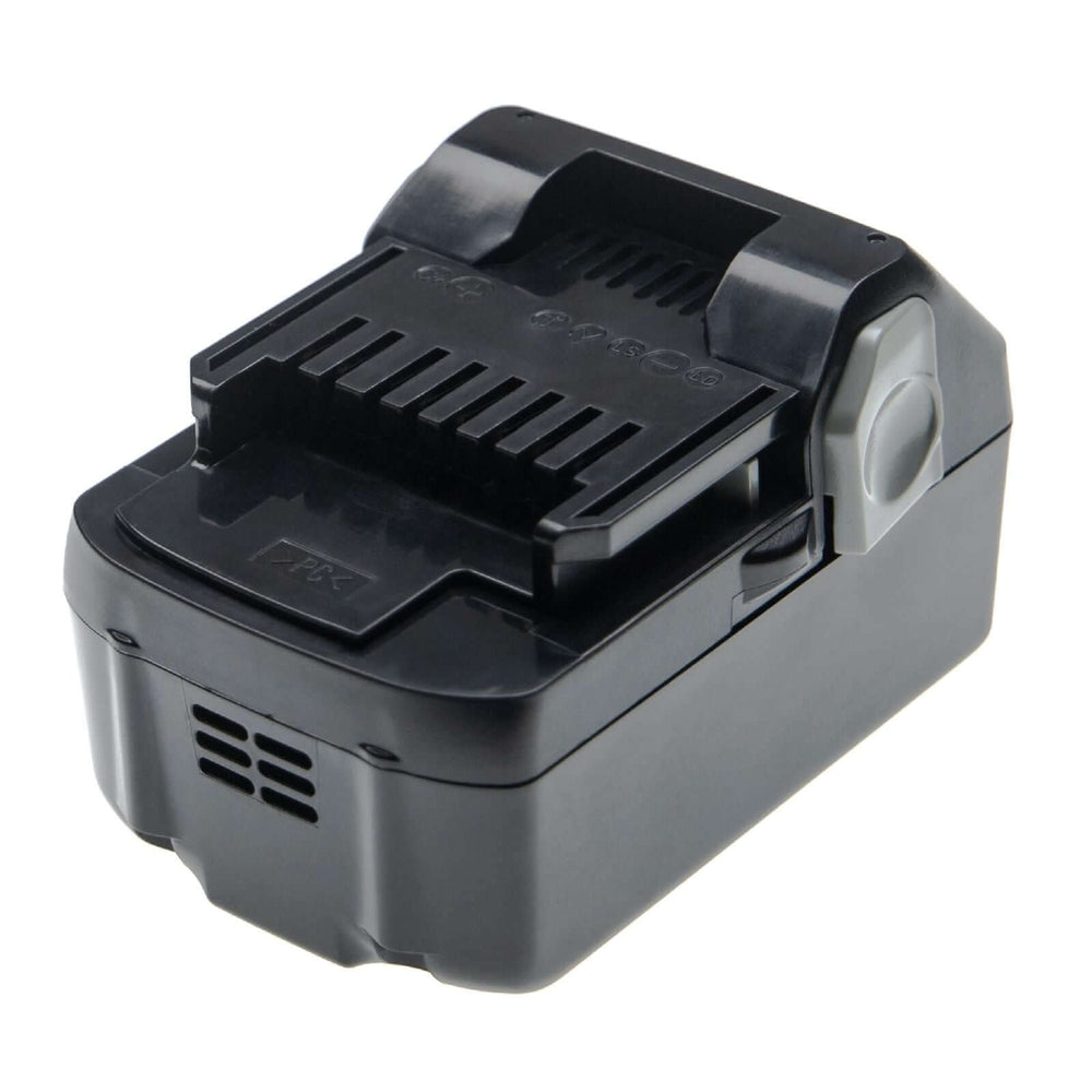 Een zwarte rechthoekige Hitachi 14,4V Li-Ion vervangende accu voor BSL1415, BSL1430, BSL1450, BSL1460 & Hikoki gereedschap met een geribbelde connector bovenop en een grijze ontgrendelknop aan de zijkant, op witte achtergrond.