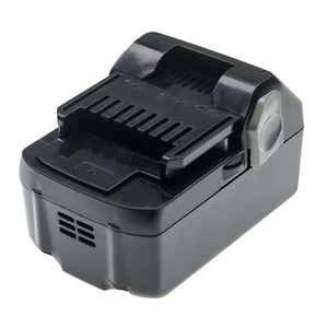 Een zwarte rechthoekige Hitachi 14,4V Li-Ion vervangende accu voor BSL1415, BSL1430, BSL1450, BSL1460 & Hikoki gereedschap met een geribbelde connector bovenop en een grijze ontgrendelknop aan de zijkant, op witte achtergrond.