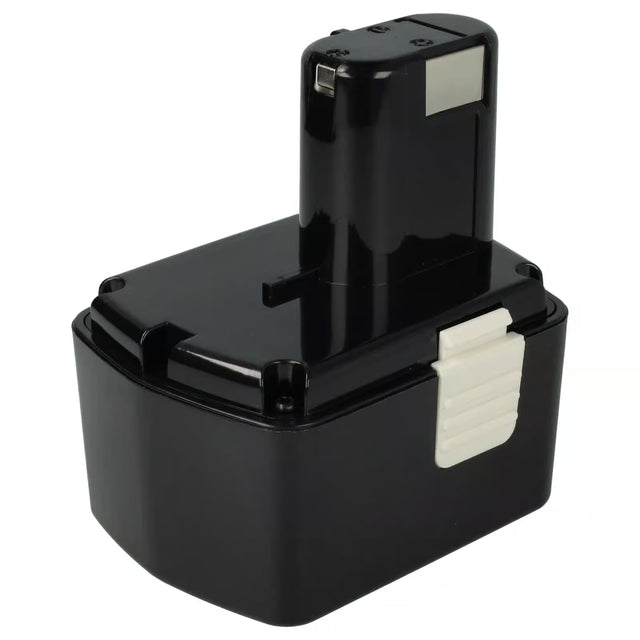 Een zwarte Hitachi 14,4V Ni-MH accu (vervangt EB 1430H, EB 1414L, BCH1420, 315129, BCC1430), voor Hitachi 14,4V gereedschap, met een rechthoekige basis, verticaal verlengstuk, witte ontgrendelingsclip aan de zijkant en metalen aansluitingen aan de bovenkant.