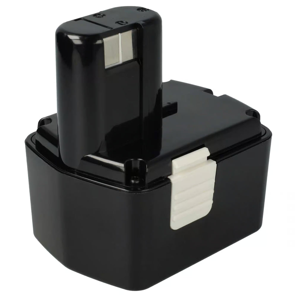 Een zwarte 3,0Ah oplaadbare Hitachi 14,4V Ni-MH accu (vervangt EB 1430H, EB 1414L, BCH1420, 315129, BCC1430) met rechthoekige vorm en witte ontgrendeling, geschikt voor Hitachi 14,4V gereedschap.