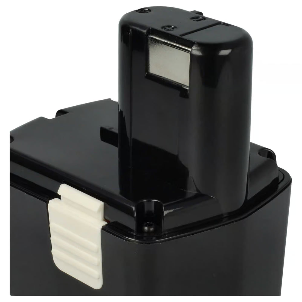 Een close-up van een zwarte Hitachi 14,4V Ni-MH accu, compatibel met EB 1430H, EB 1414L, BCH1420, 315129, BCC1430, geschikt voor Hitachi 14,4V elektrisch gereedschap.