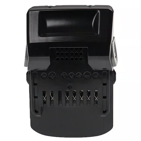 Close-up van een Hitachi 18V Li-Ion accu, compatibel met BSL1830, BSL1840, BSL1850, BSL1815X, 330067, 330068 & 330139; geschikt voor Hitachi 18V gereedschap met BSL18xx accu's. Voorzien van contactaansluitingen en een rechthoekig ontwerp.