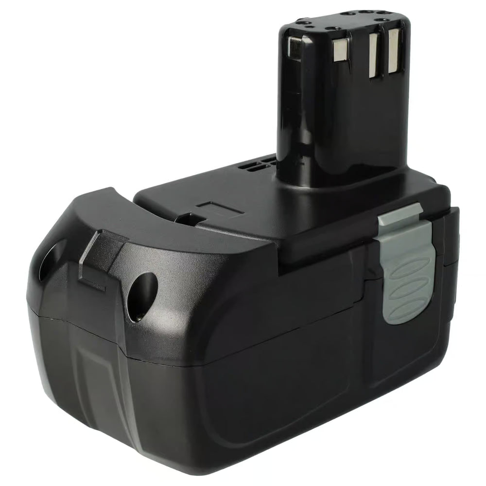 De Hitachi 18V Li-Ion accu - vervangt BSL1830, BSL1850, 326240, 327731 is een zwarte rechthoekige oplaadbare accu voor elektrisch gereedschap met een grijze zijclip en metalen contactpunten aan de bovenkant.