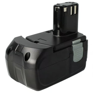 De Hitachi 18V Li-Ion accu - vervangt BSL1830, BSL1850, 326240, 327731 is een zwarte rechthoekige oplaadbare accu voor elektrisch gereedschap met een grijze zijclip en metalen contactpunten aan de bovenkant.