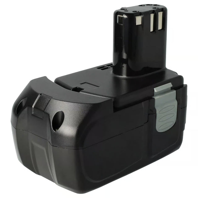 De Hitachi 18V Li-Ion accu - vervangt BSL1830, BSL1850, 326240, 327731 is een zwarte rechthoekige oplaadbare accu voor elektrisch gereedschap met een grijze zijclip en metalen contactpunten aan de bovenkant.