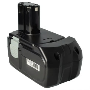 Een zwarte oplaadbare Hitachi 18V Li-Ion accu, compatibel met BSL1830, BSL1850, 326240 en 327731. Heeft een rechthoekige basis, bovenaansluiting en klein etiket aan de zijkant.
