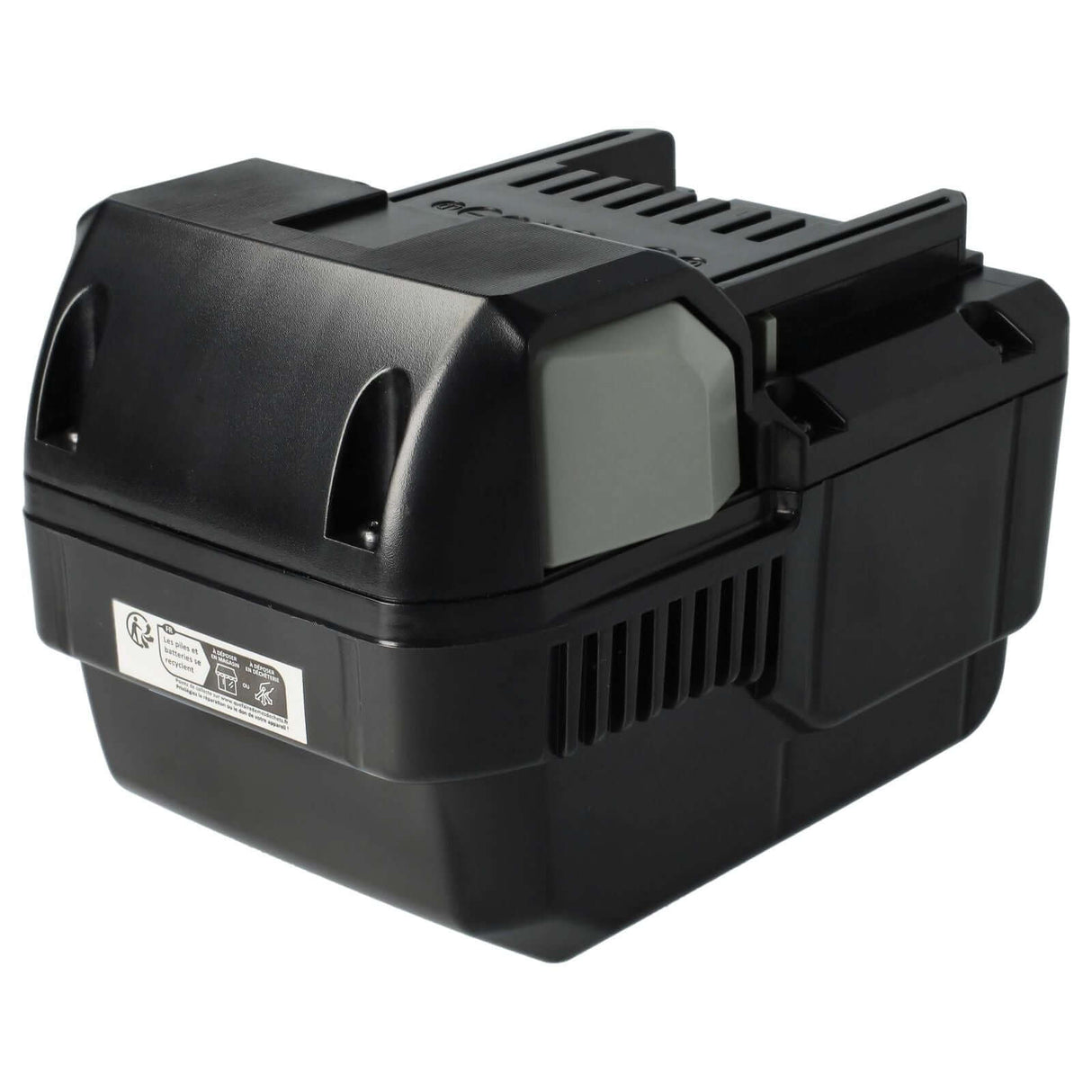 Een zwarte oplaadbare 25,2V Li-Ion accu van Hitachi, compatibel als vervangende accu voor BSL2530, BSL2540, 328033, 328034 & BSL2520. Voorzien van een geventileerd ontwerp, grijze ontgrendelingsknop en veiligheidslabel - perfect voor uw Hitachi gereedschap.