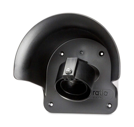 Een Laadkabel Houder met Dummy Type 2 van Ratio Electric, voorzien van een gebogen afscherming en montagebeugel, beschermt gebruikers tegen vuil tijdens het slijpen. De merknaam en EU507510 staan rechtsonder.