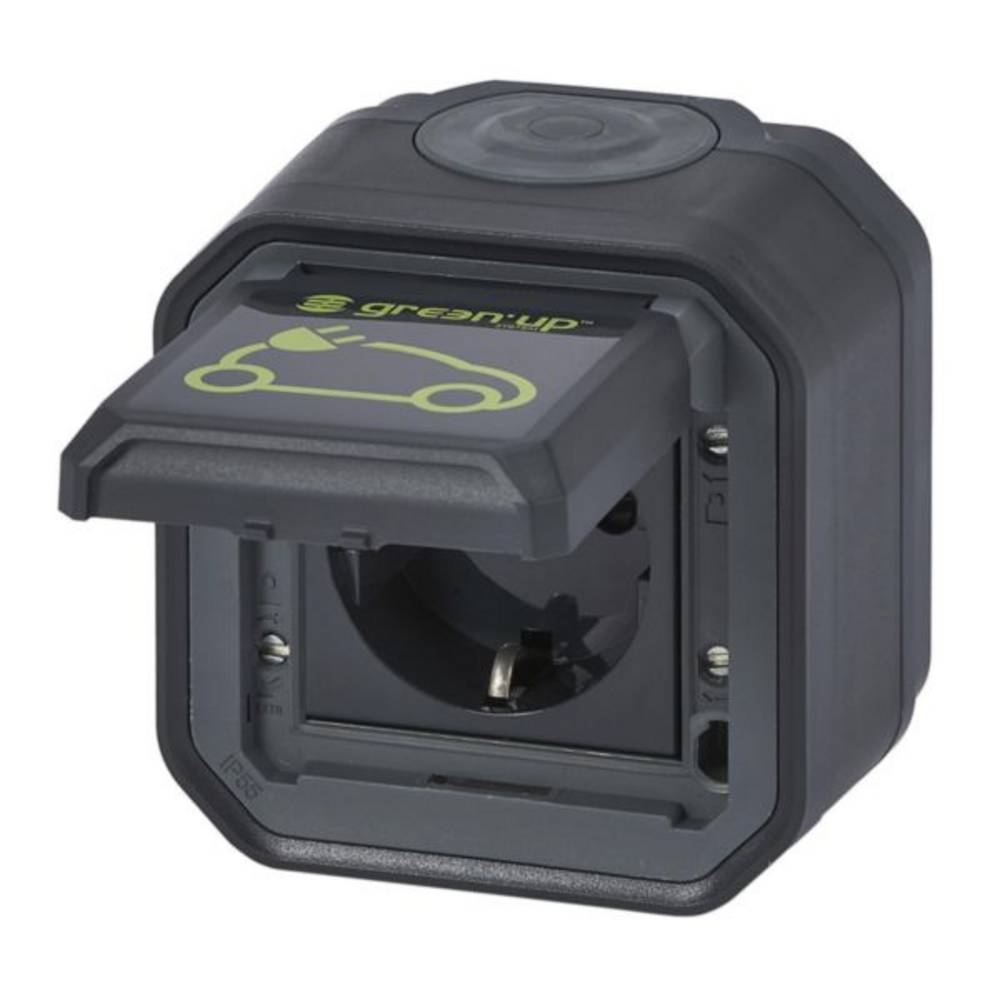 Een zwart-grijze Legrand Green'up Access - Veilige EV Wandcontactdoos 16A Schuko (0 697 08L) met opklapbaar deksel, groen autopictogram en "greenup" tekst op het deksel, ontworpen voor het veilig opladen van elektrische voertuigen buitenshuis.