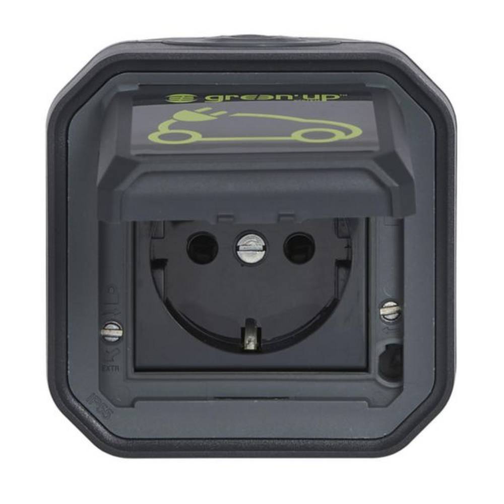 Een close-up van de Legrand Green'up Access - Veilige EV Wandcontactdoos 16A Schuko (0 697 08L) stekkerdoos, met een gedeeltelijk geopend deksel met een groene omlijning van een auto op het deksel, wat het gebruik voor het opladen van elektrische voertuigen aangeeft.