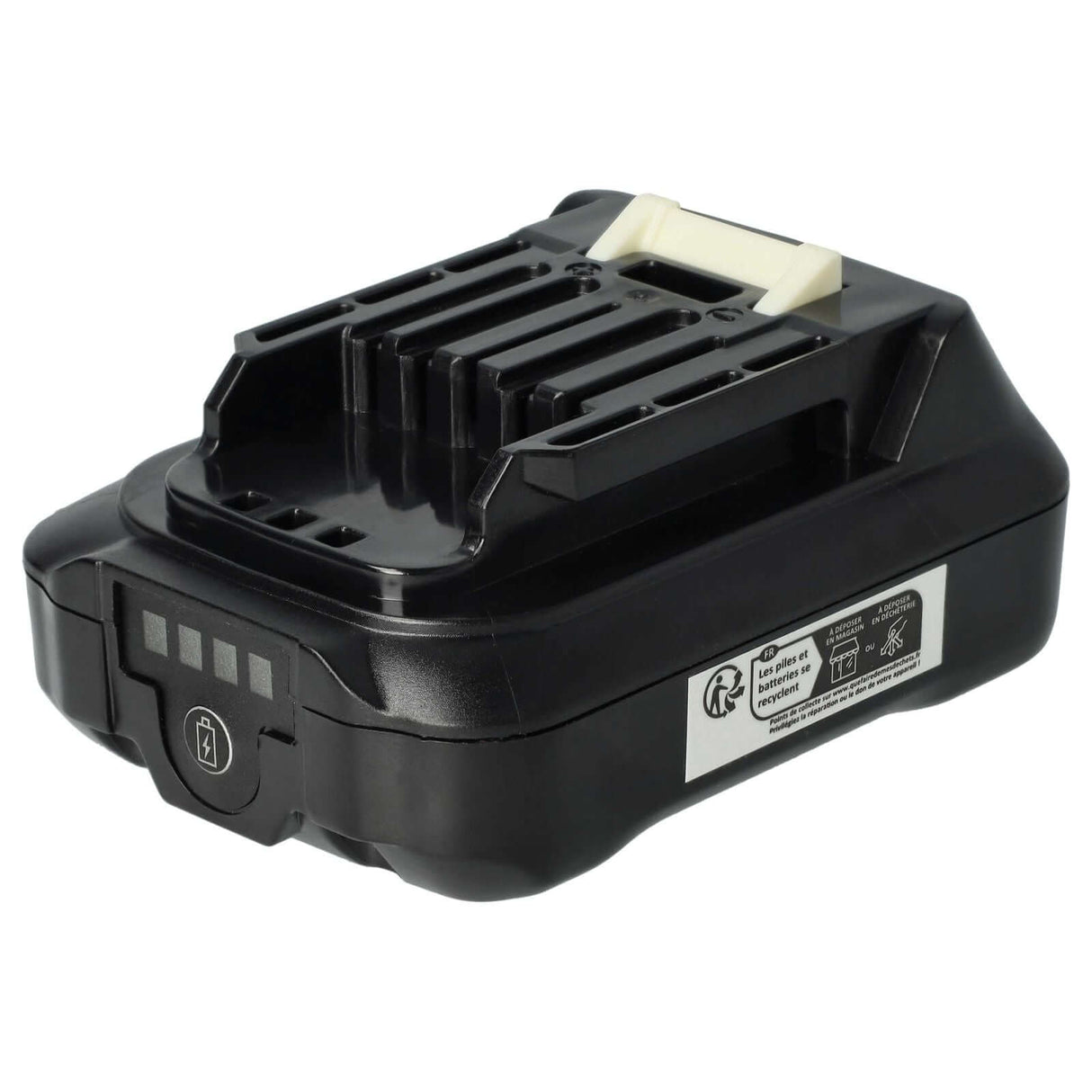 Een zwarte Makita 10,8V Li-Ion accu, compatibel met CXT 10,8V/12V Max gereedschap en vervangt BL1013, BL1021B, BL1040B, BL1050B, 197402-0 en 197394-9; voorzien van indicatielampjes en een witte ontgrendelknop op een witte achtergrond.