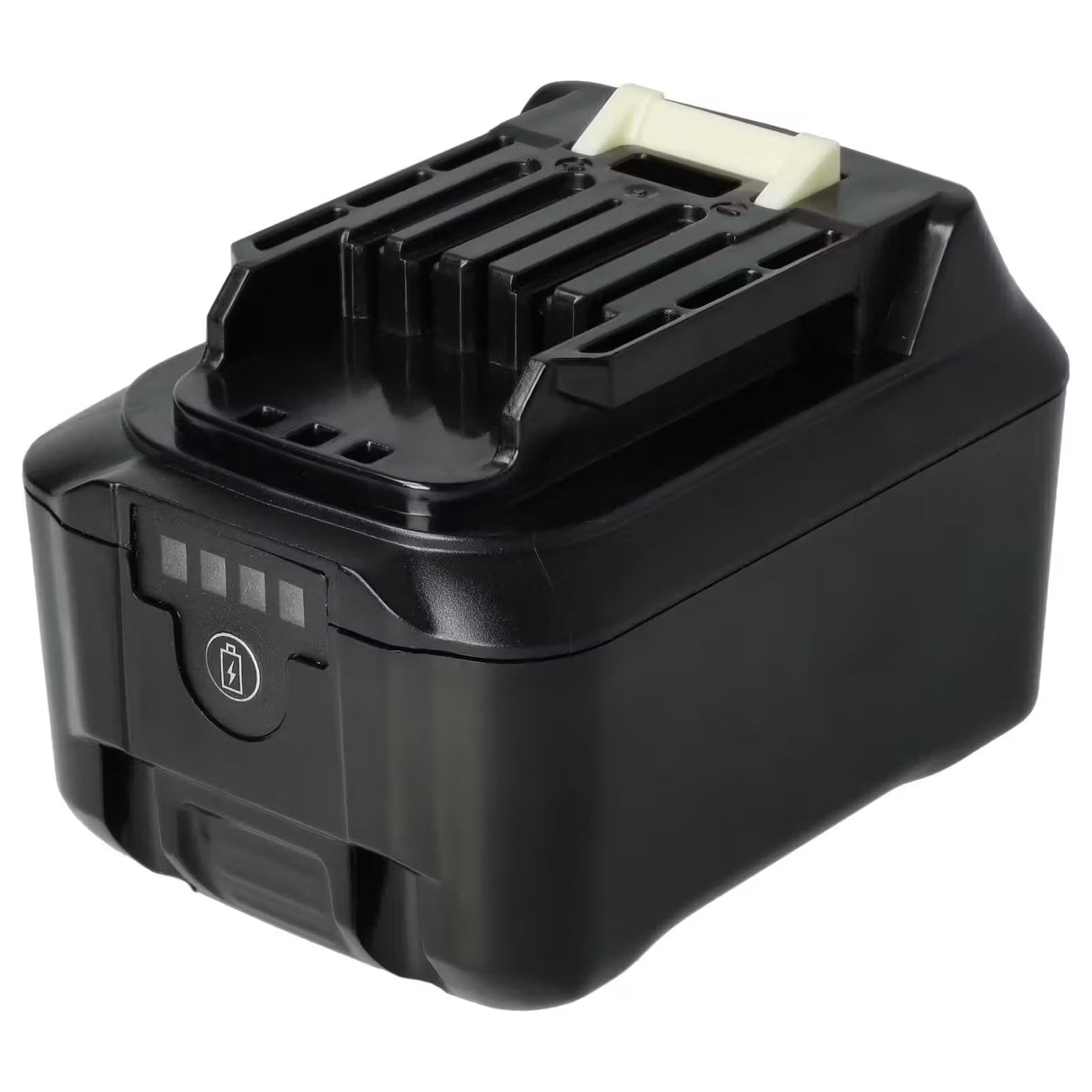 Een zwarte Makita 10,8V Li-Ion accu, rechthoekig en oplaadbaar met indicatielampjes, vervangt BL1013/BL1021B/BL1040B/BL1050B, compatibel met Makita CXT 10,8V & 12V Max accugereedschap (197402-0, 197394-9).