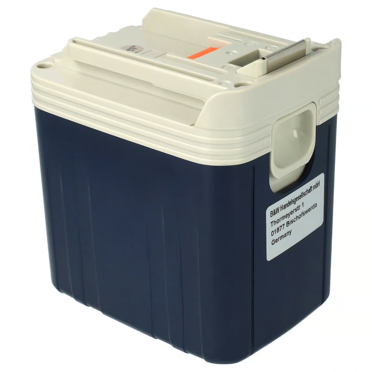 Een blauw-witte rechthoekige draagbare koelbox met een handvat aan de bovenkant en een etiket aan de zijkant, geïnspireerd op het duurzame ontwerp van de Makita 24V Ni-MH accu - vervangt 1822, 1834, 1835F, 192829-9, PA24, 193061-8, 193140-2.