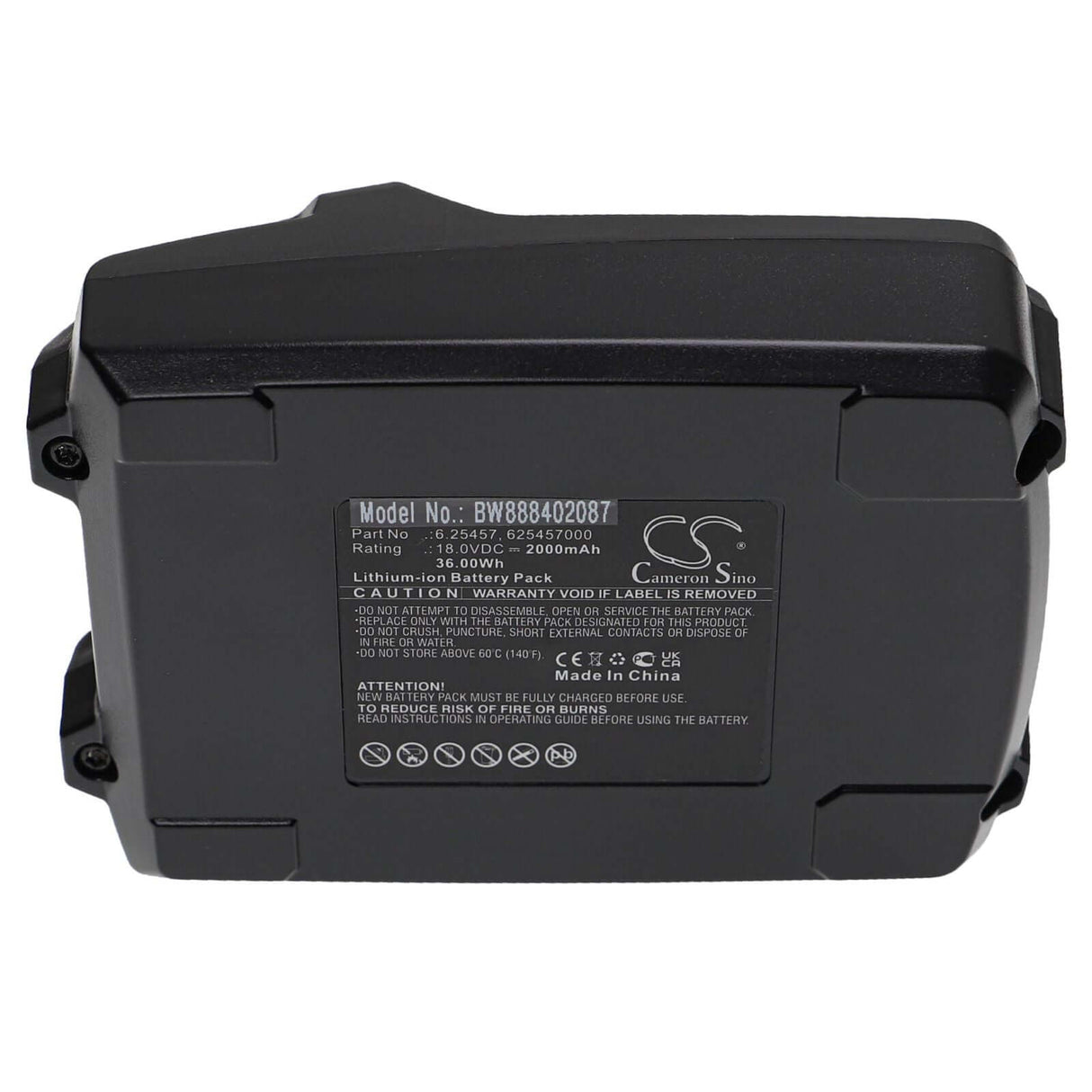 Zwarte rechthoekige lithium-ion accupack, gelabeld Metabo 18V accu vervanger 6.25457 voor BS 18 LT, vervangt 6.25469, 6.25499, 625341000, en 625457000; specificaties en veiligheidsgegevens in witte tekst op zwart.