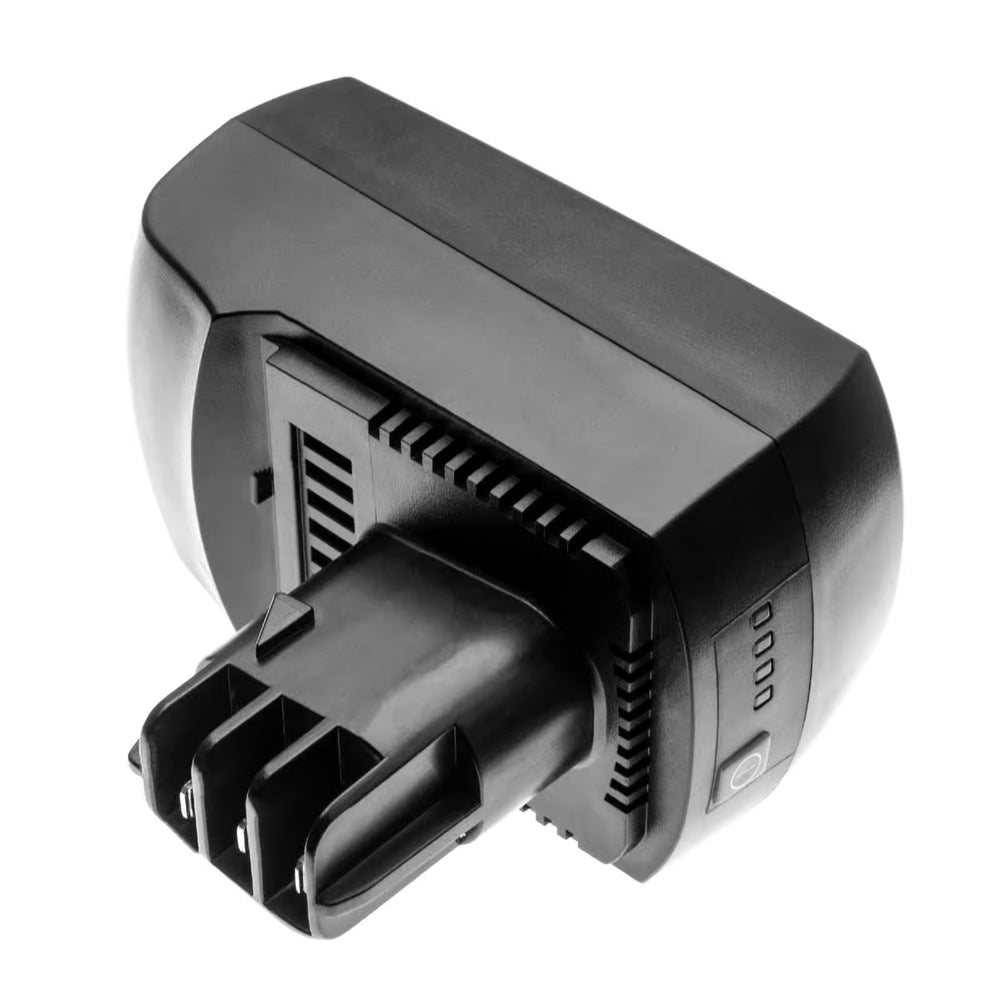 Een zwarte Metabo 14,4V Li-Ion accu, compatibel met BS-, SB- en SSD-gereedschappen; vervangt 6.25472, 6.25529, 6.25578, 6.25480 & 625472000; heeft oplaadindicatorlampjes en een zichtbare connector; afgebeeld op een witte achtergrond.