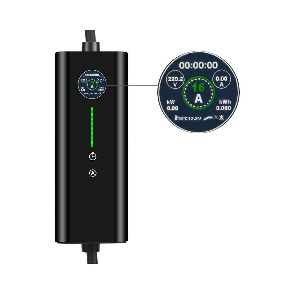 De Mobiele lader Type 2 11 kW 3-fase CEE 16A is een zwarte EV-lader met een display voor spanning, stroom, kWh, temperatuur en timer. Hij heeft groene LED-indicatoren en tiptoetsen op het voorpaneel.
