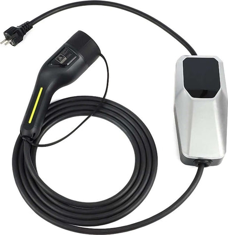 Een Mobiele thuislader EV-lader Type 2 3x16A 11kW met timer en digitaal display, met een zwarte kabel, Type 2-stekker, zilver-zwarte regelkast en CEE-aansluiting, netjes opgerold op een witte achtergrond.