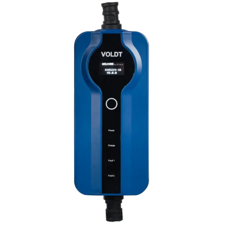 Een blauwe 🇳🇱 Mobiele lader Type 1 | Schuko 3.7kW | Regelbaar 8A-16A met digitaal display, zwart paneel, indicatielampjes (Power, Charge, Fault 1/2) en een 230V Schuko laadkabel met connectoren aan beide zijden.