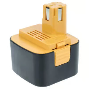 Een geel met zwarte rechthoekige Panasonic 12V Ni-MH accu voor draadloos gereedschap, ter vervanging van EY9106, EY9101, EY9200, EY9006B, EY9106B, EY9108, PA-1204N. 3,3 Ah cel met hoge capaciteit en een uitstekende connector aan de bovenkant.