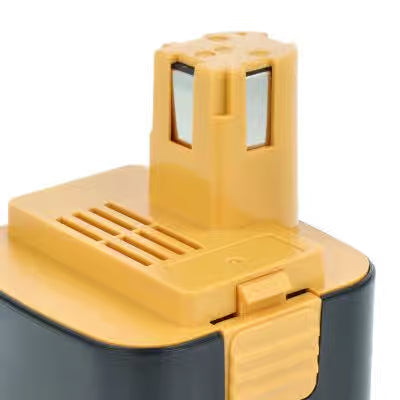 Close-up van een geel met zwarte oplaadbare batterij (3.3Ah, Ni-MH) met geventileerde bovenkant en rechthoekige connector, geschikt voor Panasonic 12V accu-vervangt EY9106, EY9101, EY9200, EY9006B, EY9106B, EY9108, PA-1204N.