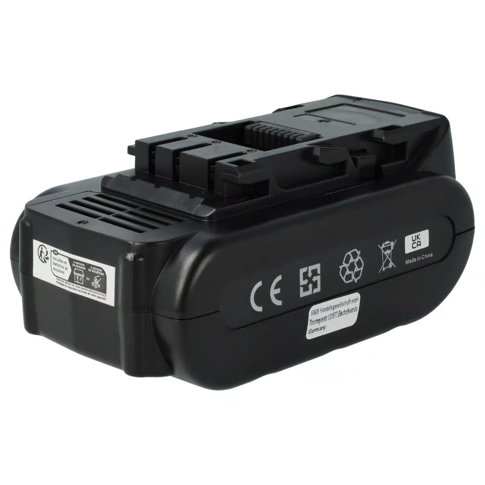 Een zwarte Panasonic 14.4V Li-Ion accu, vervangt EY9L40B, EY9L40, EZ9L42, EZ9L44, EZ9L40 en PA1440N, met label en ventilatiedetails zichtbaar onder een hoek op een witte achtergrond.