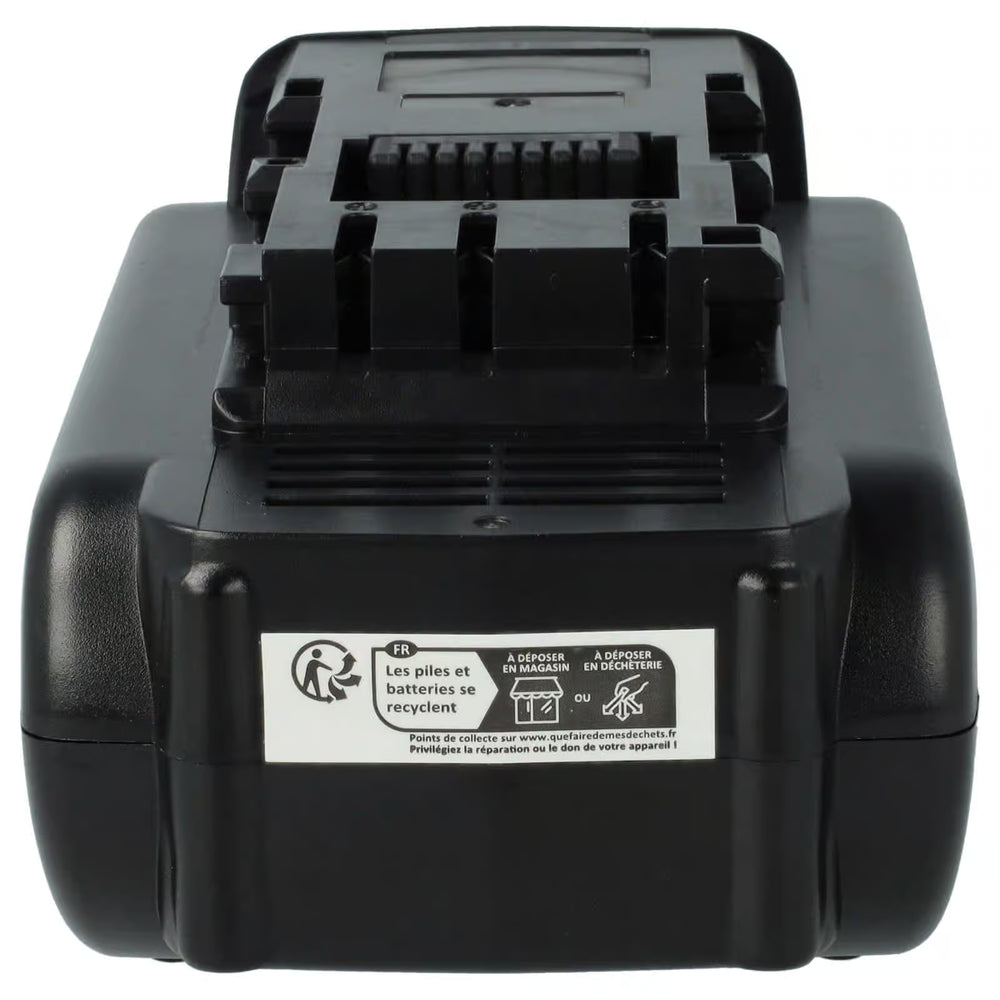 Een zwarte Panasonic 14,4V Li-Ion accu (vervangt EY9L40B, EY9L40, EZ9L42, EZ9L44, EZ9L40, PA1440N) vanaf de voorkant gezien met recyclinginstructies en een bovenste sleuf voor aansluiting op compatibele gereedschappen of laders.