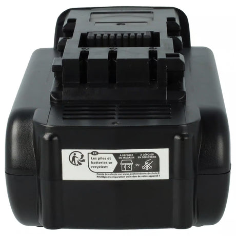Een zwarte Panasonic 14,4V Li-Ion accu (vervangt EY9L40B, EY9L40, EZ9L42, EZ9L44, EZ9L40, PA1440N) vanaf de voorkant gezien met recyclinginstructies en een bovenste sleuf voor aansluiting op compatibele gereedschappen of laders.