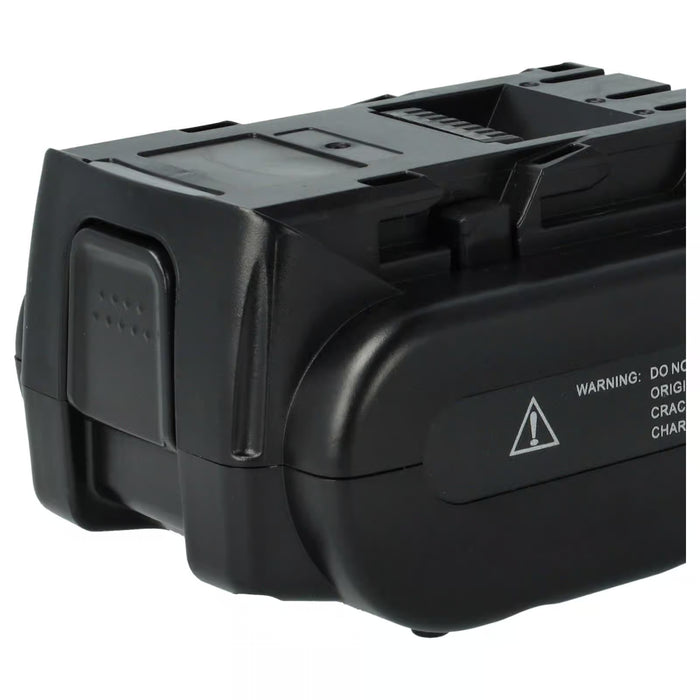 Een close-up van een zwarte Panasonic 14,4V Li-Ion accu, compatibel met EY9L40B, EY9L40, EZ9L42, EZ9L44, EZ9L40, PA1440N gereedschap; met zichtbare ribbels en label tegen een witte achtergrond.