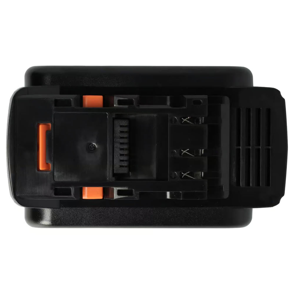 Bovenaanzicht van de Panasonic 18V Li-Ion Accu Vervanging - compatibel met EY9L50B/EY9L54B, passend voor EY74A2, EY75A7, EY79A2 gereedschap; zwarte batterij met oranje accenten en zichtbare connectorsleuven.