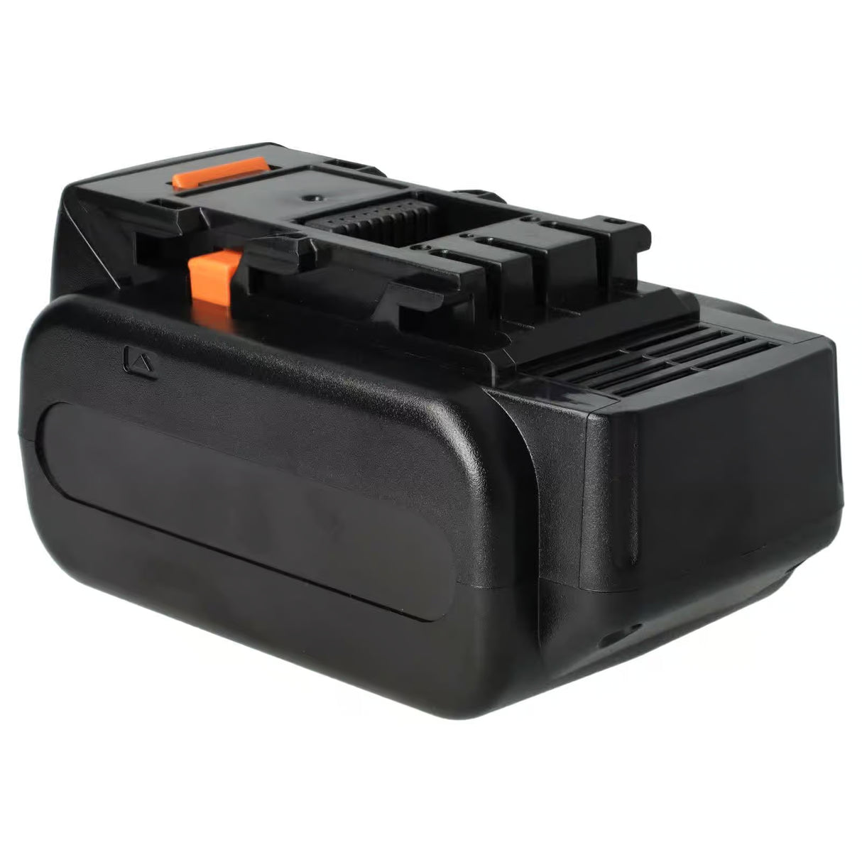 Een zwarte oplaadbare Panasonic 18V Li-Ion Accu Vervanging, compatibel met EY9L50B en EY9L54B batterij en geschikt voor EY74A2, EY75A7, en EY79A2 gereedschap, wordt getoond op een witte achtergrond.