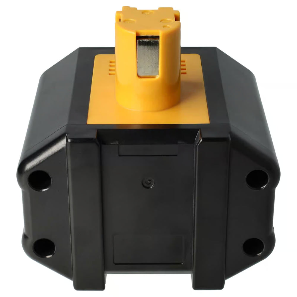 Een close-up van een Panasonic 24V Ni-MH Accu Vervanging, compatibel met EY9210/EY9210B/EY9116B, voor Panasonic EY7810 & EY7950 gereedschap; de accu heeft een gele bovenkant, zwarte behuizing en vier ronde poorten aan de voorkant.