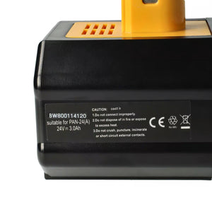 Close-up van een zwart met gele accu met het label BW800114120, 24V 3.0Ah-vervangende accu compatibel met EY9210, EY9210B, EY9116B voor Panasonic EY7810, EY7950 gereedschap-met veiligheidswaarschuwingen in witte tekst.