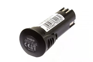 Een cilindervormige zwarte Panasonic 3,6V Li-Ion accu-vervangt EY9025, EY9025B, EZ9025, EY9021, EZ9021; geschikt voor EY7410LA2S-met barcodelabel, CE-markering en recyclingsymbolen gedrukt op één uiteinde, op een witte achtergrond.
