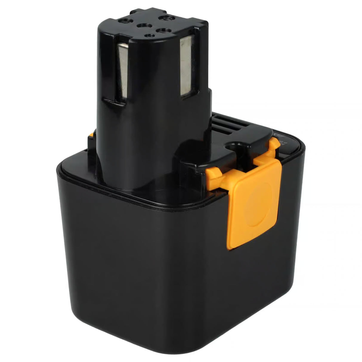Een zwarte Panasonic 7.2V Ni-MH accu vervanging met rechthoekige basis en oranje clip, compatibel met EY9065, EY9066B, EY9166 en Panasonic EY6220/EY7420 gereedschap. Ultra hoge capaciteit, getoond tegen een witte achtergrond.
