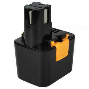 Een zwarte Panasonic 7.2V Ni-MH accu vervanging met rechthoekige basis en oranje clip, compatibel met EY9065, EY9066B, EY9166 en Panasonic EY6220/EY7420 gereedschap. Ultra hoge capaciteit, getoond tegen een witte achtergrond.