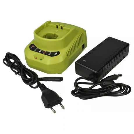 De Ryobi Universele Gecoördineerde Acculader 14,4V-18V (BCL14181H ONE+) voor Li-ion, Ni-MH en Ni-Cd accu's wordt getoond met indicatielampjes, een zwarte voedingsadapter en afneembaar snoer met twee pinnen op een witte achtergrond.